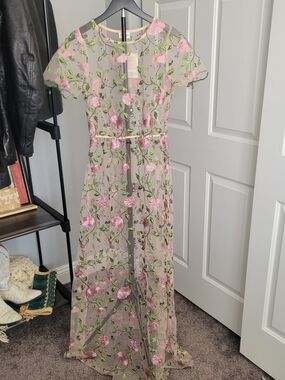 LuLaRoe Sheer Floral Embroidered Top in Pink and Green